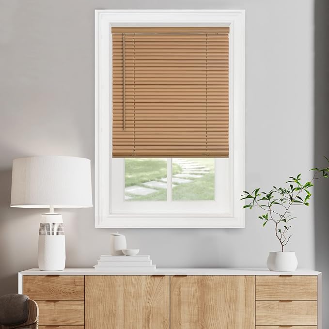 Cordless Light Filtering Mini Blind - 34 Inch Width, 64 Inch Length, 1" Slat Size - Woodtone - Cordless GII Morningstar Horizontal Windows Blinds for Interior by Achim Home Decor