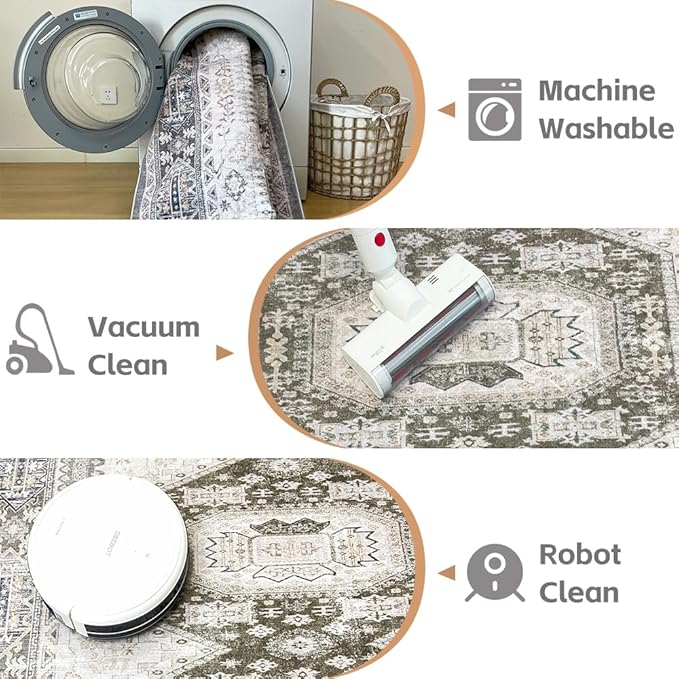 4x6 Area Rugs Grey Brown Washable Rug for Living Room, Dining Room, Bedroom, Large Carpets, Non Slip & Non-Shedding Low Pile Vintage Print Rug for Home Office Decor