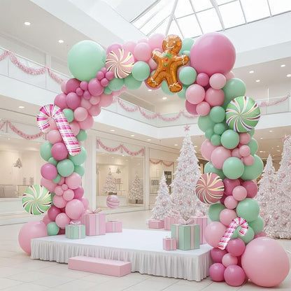 Christmas Balloon Garland Arch kit light magenta green pink balloon with Gingerbread Balloon Cane Candy Foil Balloons for Christmas Party Decorations Xmas New Year Birthday Party Supplies
