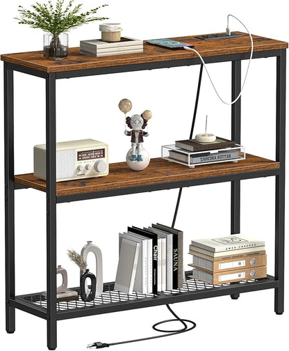 Snughome Console Table with Power Outlets, Entryway Table with Storage, Narrow Sofa Table with 3 Tier Shelves, 2 USB Ports, 2 Power Outlets, Hallway Table for Couch, Living Room, Entrance