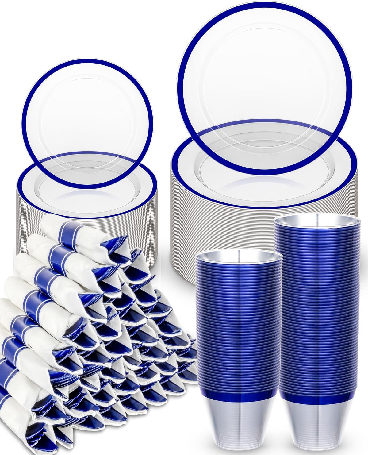 350PCS Plastic Plates for Party, Disposable Clear Blue Dinnerware Set for 50 Guests,100 Plastic Plates, 50 Cups, 50 Pre-Rolled Napkins with Cutlery for Party, Thanksgiving, Christmas, Wedding