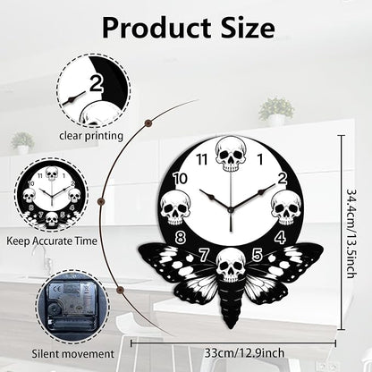 Skull Wall Clock Irregular Shape Decorative Wall Clock Moth Moon Non-Ticking Clock for Home Office Decoration, 13.54×12.99 inch