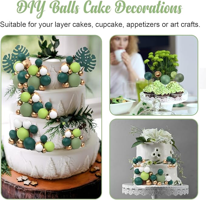 115 PCS Ball Cake Toppers - Mini Balloon Cake Decorations Foam Ball Cupcake Picks DIY cake Insert Toppers for Birthday Party Wedding Baby Shower - Green Theme