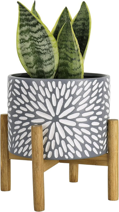 LA JOLIE MUSE Ceramic Planter with Wood Stand - 8 Inch Unique Modern Flower Pots Indoor with Wood Planter Holder and Drainage, Frost Gray