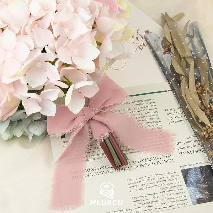 Dusty Rose Chiffon Ribbon 1-1/2 Inch x 21Yards Boho Frayed Mauve Ribbon Handmade Fringe Chiffon Silk Ribbon Dusty Pink Ribbon for Gift Wrapping, Wedding Invitation, Bridal Flower Bouquets