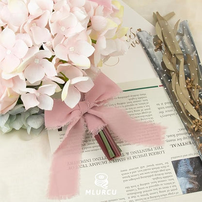 Dusty Rose Chiffon Ribbon 1-1/2 Inch x 21Yards Boho Frayed Mauve Ribbon Handmade Fringe Chiffon Silk Ribbon Dusty Pink Ribbon for Gift Wrapping, Wedding Invitation, Bridal Flower Bouquets
