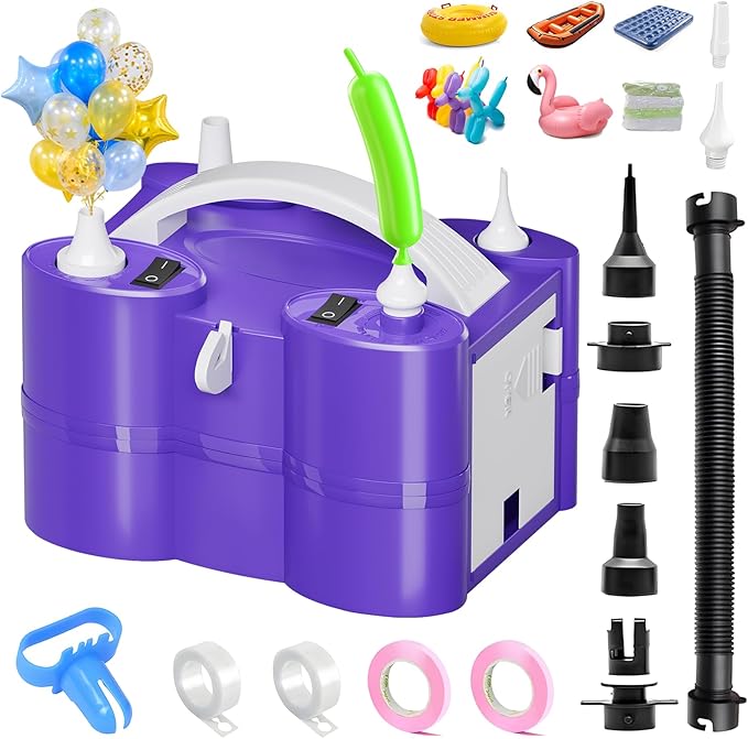 FLSEPAMB Electric Balloon Pump, 3-in-1 Portable Electric Air Balloon Blower Machine Balloon Pump 2 Motor Dual Nozzle Balloon Inflator for Latex 260Q Long Foil Balloons Swimming Rings Air Beds