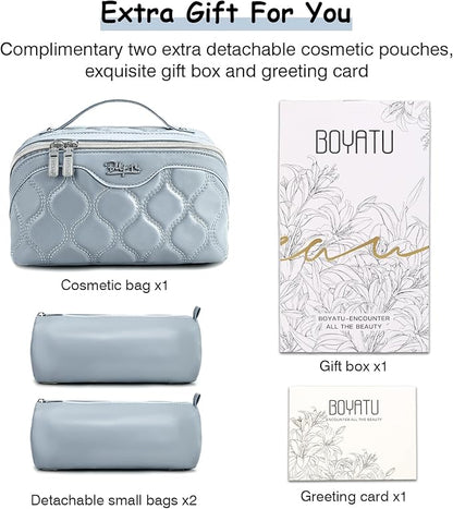 BOYATU Travel Makeup Bags for Women Cosmetic Bag: Puffy Make up Bags Set of 3 - Vegan Leather Makeup Organizer - Waterproof Large Toiletry Bag with Compartments - Travel Essentials (H-4-Blue)