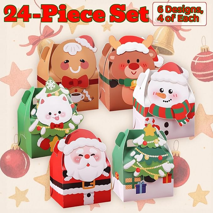 Muswarm 24 PCS Christmas Small Gift Boxes, Xmas 3D Cartoon Paper Boxes for Presents with Handles, Candy Treat Cookie Box, School Classroom Holiday Party Favor Supplies, 6 Designs