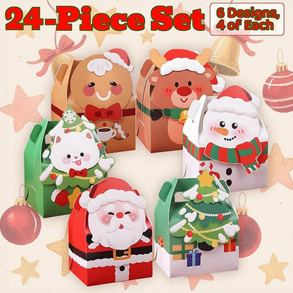 Muswarm 24 PCS Christmas Small Gift Boxes, Xmas 3D Cartoon Paper Boxes for Presents with Handles, Candy Treat Cookie Box, School Classroom Holiday Party Favor Supplies, 6 Designs