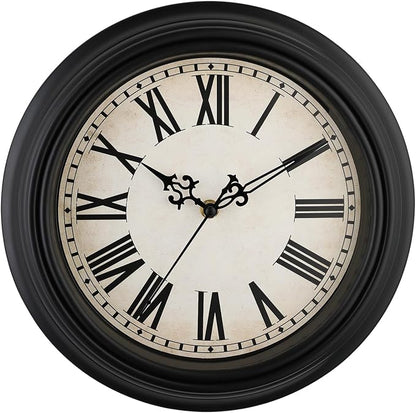 Plumeet Retro Wall Clock, 12'' Non Ticking Classic Silent Vintage Wall Clocks Decorative Kitchen Living Room Bedroom, Roman Numerals, Battery Operated, Black