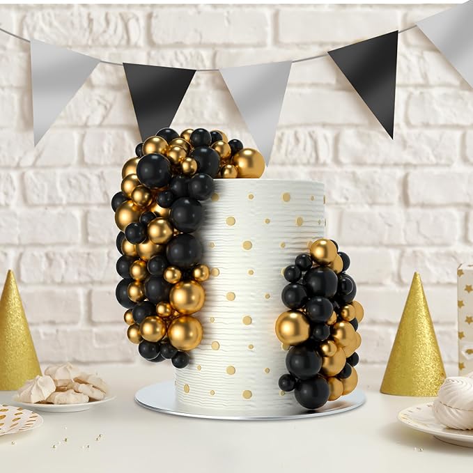 NACHLYNN 80 Pcs Cake Balls Decorations Mini Balloon Cake Topper Balls Foam Cupcake Toppers Balls for Cake Decorating Birthday Parties Weddings Anniversary (Black Gold)