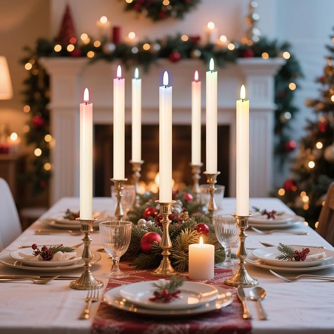 GenSwin Flameless Taper Candles with Remote, Real Wax and Color Changing Wick LED Taper Candles Battery Operated, 6 Pcs Flameless Candlesticks for Halloween Christmas Decor(Ivory, 0.78”x9.6”)