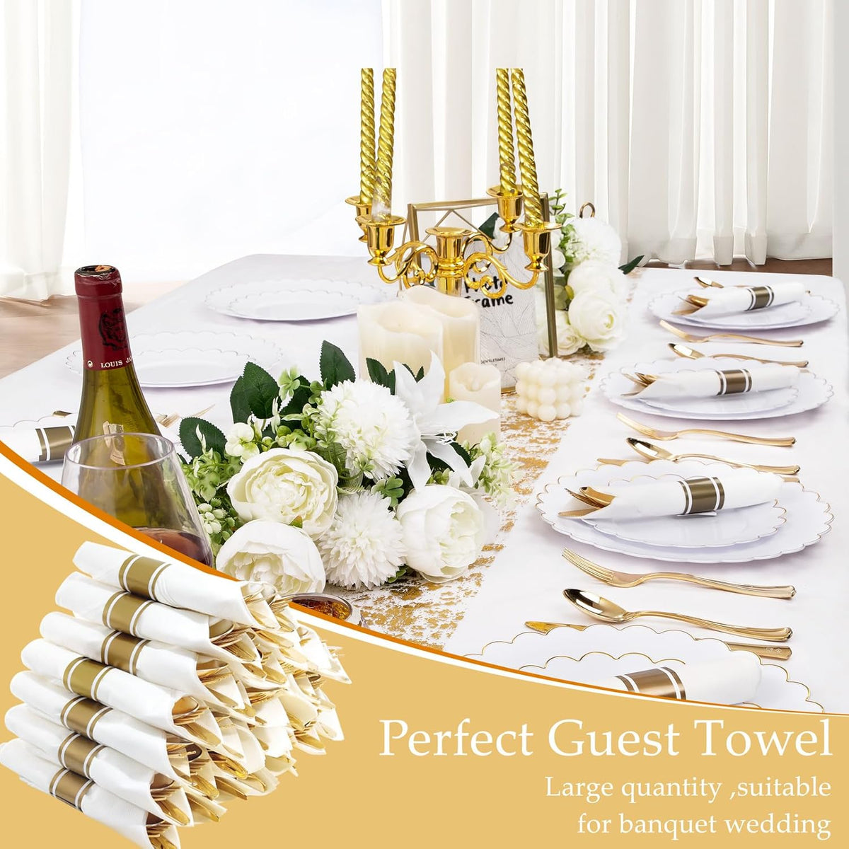 Supernal 120Pack Gold Plastic Silverware Wrapped Plastic Cutlery Set with Napkin,Pre Rolled Napkins with Cutlery Set,Rolled Silverware Disposable For Halloween Thanksgiving Christmas