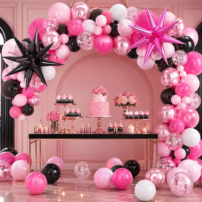 Pink and Black Balloons, 12 Inch Hot Pink and Black Party Decorations with Confetti Metalic Balloon Star Foil Balloons for Mouse Theme Birthday Wedding Bridal Shower Party Decoration