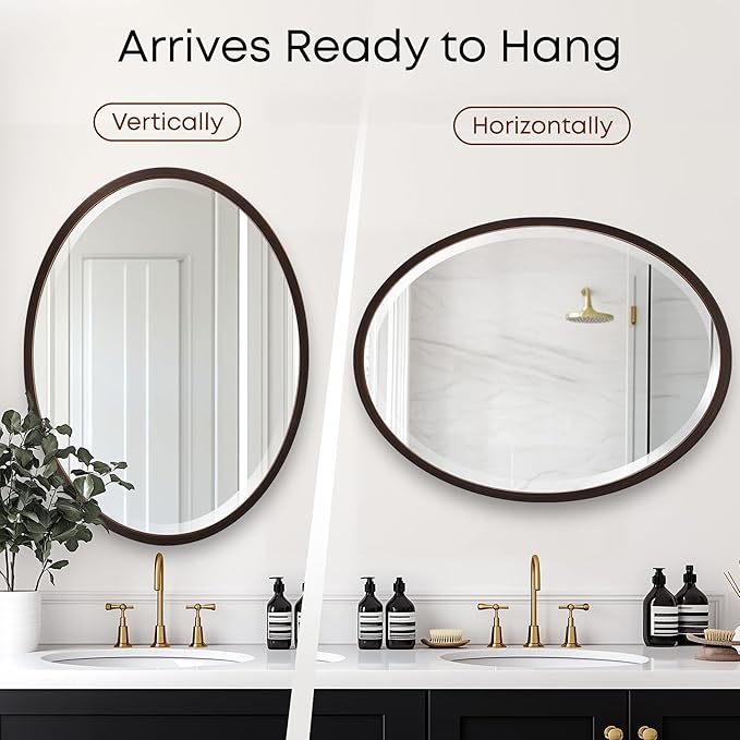 OVALCREST - Oval Wooden Beveled Wall Mirror for Home Decor, Bathroom, Vanity, Bedroom, Living Room, Hallway - London Style (Rubbed Bronze) 31.1 x 25.1