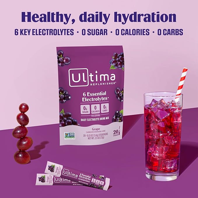 Ultima Replenisher Daily Electrolyte Powder Drink Mix – Sugar Free – Grape, 20 Stickpacks – Hydration Packets with 6 Key Electrolytes and Trace Minerals – Keto Friendly, Vegan, Non-GMO