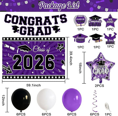 Graduation Decorations 2026, Purple Black Graduation Party Decorations Set with Class of 2026 Backdrop Congrats Grad Banner 18inch Foil Grad Star Balloons Hanging Streamers Kit for High School College