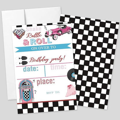 20 Sets 50's Sock Hop Birthday Party Invitations With Envelopes,Retro 1950's Jukebox Checkered Double-sided Printed Birthday Party Invitation Invite Cards for Teen Girls Boys,50's Birthday Invites