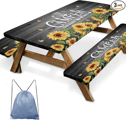 Sunflower Picnic Table Cover with Bench Covers, Rustic Grey Wooden Summer Floral Farmhouse Outdoor Camping Essentials 6FT 3PCS Fitted Rectangle RV Must Haves Tablecloth with Drawstring Bag