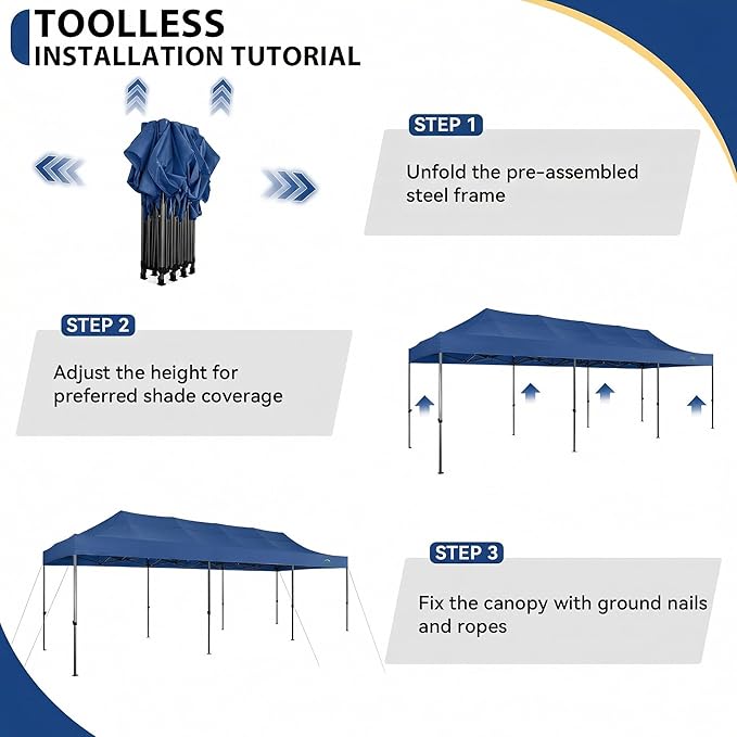 COBIZI 10x30 Heavy Duty Pop Up Canopy Tent with 8 Sidewalls Thicken Frame, Commercial Easy Up Outdoor Wedding Party Tents, All Season Waterproof Windproof with Stakes Sandbags Roller Bag, Navy Blue