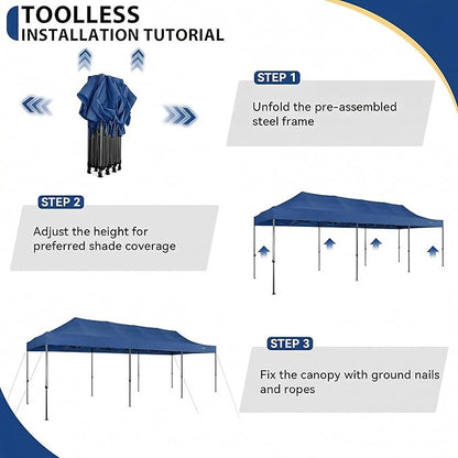 COBIZI 10x30 Heavy Duty Pop Up Canopy Tent with 8 Sidewalls Thicken Frame, Commercial Easy Up Outdoor Wedding Party Tents, All Season Waterproof Windproof with Stakes Sandbags Roller Bag, Navy Blue