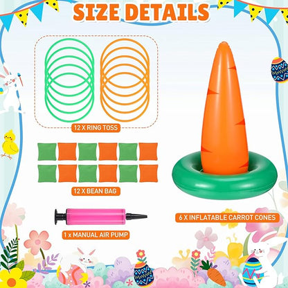 Seenelling Easter Carrots Inflatable Ring Toss Game for Adults Family, Indoor Outdoor Party Easter Game Party Decorations Cute Fun with 6 Cones 12 Rings 12 Bean Bags 1 Air Pump