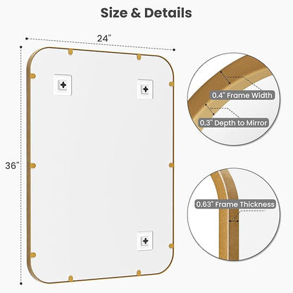 2-Pack 24x36 Inch Antique Gold Bathroom Vanity Mirrors | Flush Mount Deep Set Metal Wall Mirror for Over Sink | HD Shatterproof Glass, Rustproof