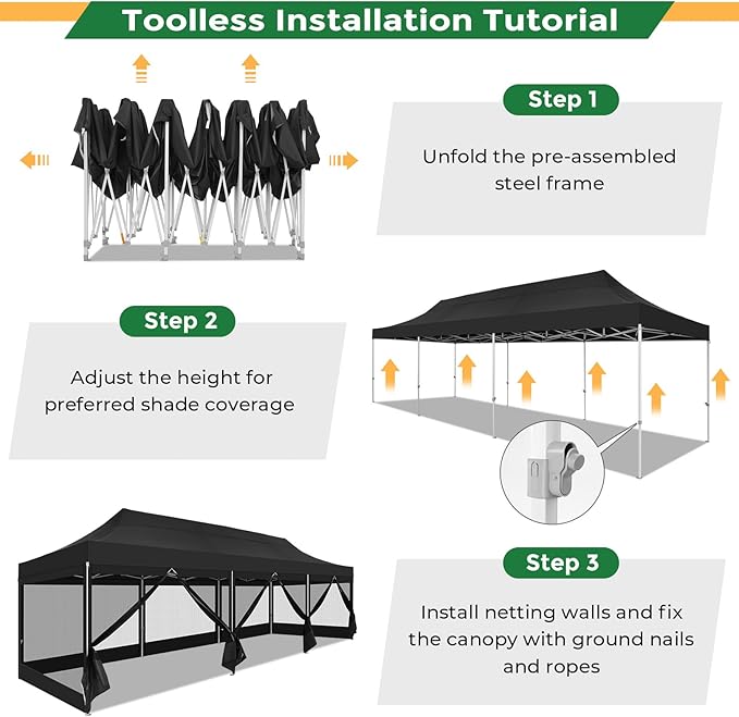 COBIZI 10x30 Heavy Duty Pop Up Canopy Tent with 8 Sidewalls, Easy Set Up Outdoor Waterproof Screen Commercial Party Tent with Mosquito Netting for Parties Backyard Patio, Roller Bag, Black
