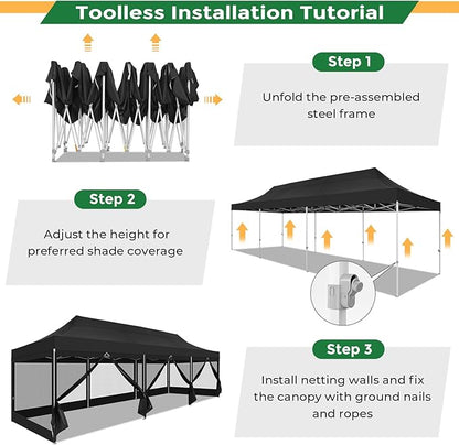 COBIZI 10x30 Heavy Duty Pop Up Canopy Tent with 8 Sidewalls, Easy Set Up Outdoor Waterproof Screen Commercial Party Tent with Mosquito Netting for Parties Backyard Patio, Roller Bag, Black