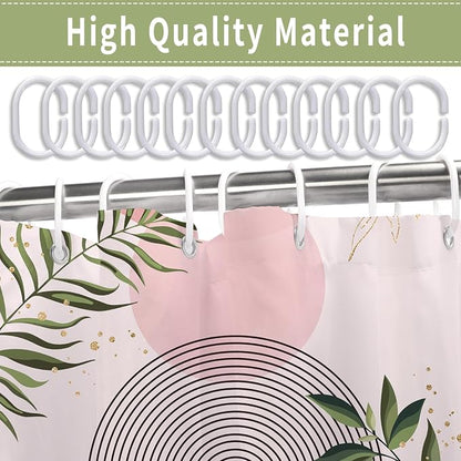 Boho Mid Century Shower Curtain, Pink Modern Minimalist Abstract Geometric Green Gold Plant Leaves Sun Arch Bathroom Curtains Waterproof Fabric Buthtub Curtain Set with Hooks 60" Wx72 L