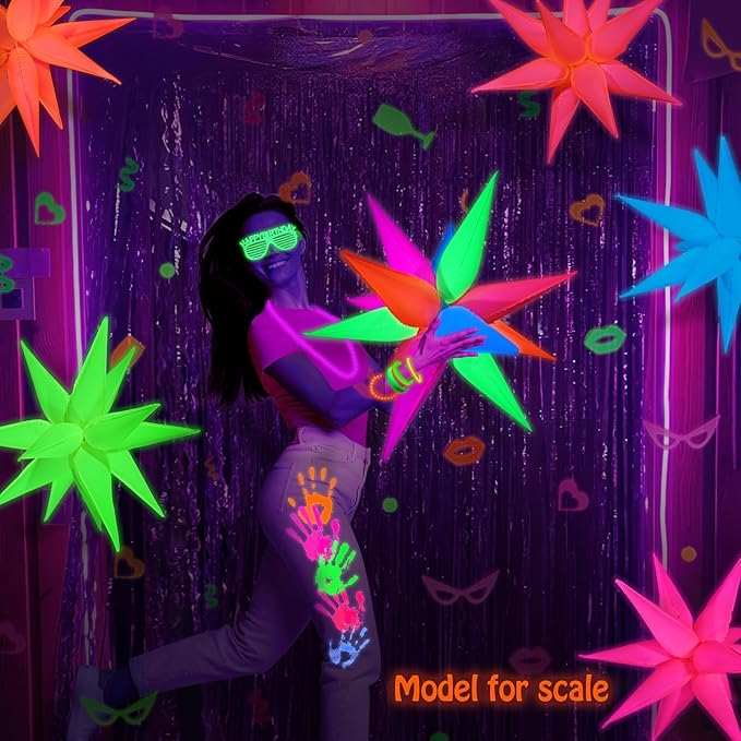 Mega-L Glow in The Dark Party Supplies, 5 Pcs Neon Explosion Star Balloons Kit, Neon Party Decorations, DIY Neon Balloon with 12 point Cone Balloons for Arches Birthday Wedding Carnival