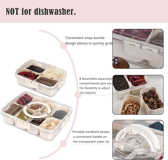 Snack Box Container, Divided Serving Tray with Lid, 4 Compartments