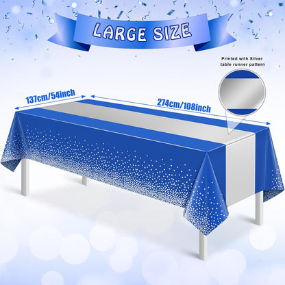 6Pcs Blue and Silver Tablecloth Party Decorations,Plastic Royal Blue Table Cloth Printed Silver Table Runner Disposable Rectangle Cover for Anniversary Wedding Graduation 2025 Party,54 x108 Inch