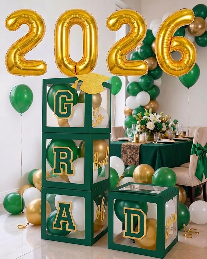 Green Graduation Decorations 2026 Set of 4 GRAD Balloon Boxes with Balloon Arch Garland Kit mylar balloons Fringe Curtain So Proud of You 2026 prom Graduation Decorations