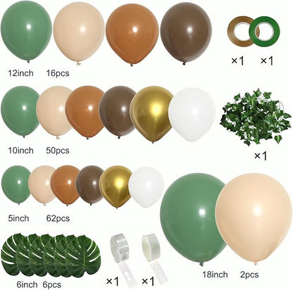 PERPAOL 148PCS Sage Green Brown Balloon Garland Kit, Jungle Safari Woodland Forest Wild One Camper Balloon Arch, Olive Green Gold Coffee Cocoa Balloons for Birthday Wedding Shower Party Decorations