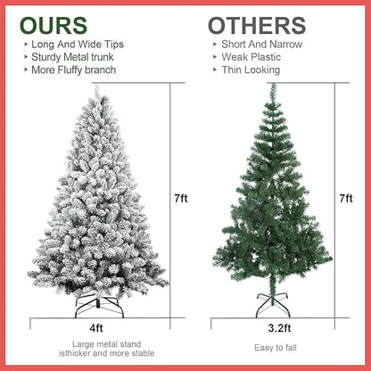 9FT Prelit Flocked Christmas Tree with 850 Lights & 2240 Branch Tips, Pre Lit Hinged Xmas Tree with Memory Wire Technology, Premium Artificial Christmas Tree with Pine Cone for Holiday Decoration