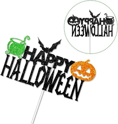 Happy Halloween Cake Topper, Halloween Party Decorations for Bat Pumpkin Medicine Jar Theme Birthday Party Supplies, Black Sparkle Happy Halloween Cake Decor