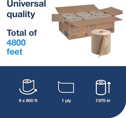 Tork Paper Towel Roll Natural - Universal Hand Roll, Natural Paper Towels with Brown Tissues made of 100% Recycled Fiber, 6 Rolls x 800 ft, Compatible with H21 Dispenser, RK800E