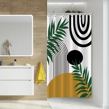Boho Mid Century Shower Curtain Bohemian Abstract Modern Sun Bathroom Curtain Geometric Arch Curve Leaves Polyester Shower Curtain Sets for Bathroom Extra Long 36x72 in with 6 Hooks