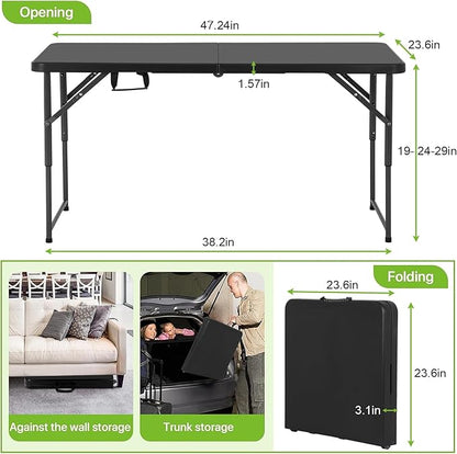 4FT Folding Table - Heavy Duty Portable Plastic Utility Table with Adjustable Height, Carry Handle. Indoor Outdoor Use for Camping, Parties, Picnics, Tailgating (4ft, Black)