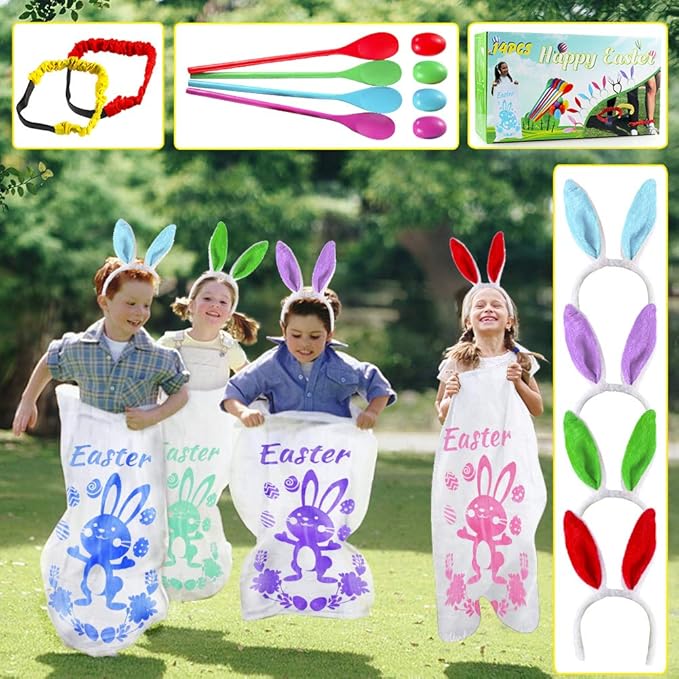 18PACK Easter Party Games for Kids, Easter Potato Sack Race Bags,Bunny Ears Headbands, Egg and Spoon Race Games,Legged Relay Race Bands,Easter Outdoor Games for Easter Eggs Hunt,Easter Party Supplies