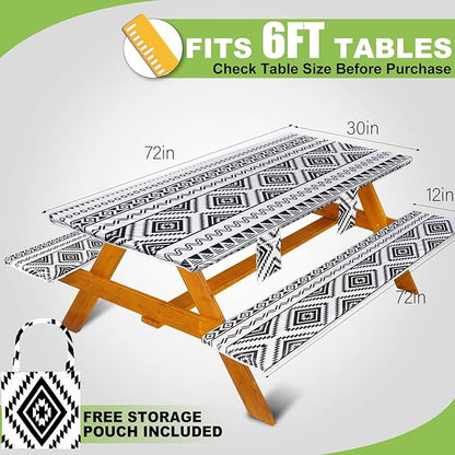 Picnic Table Cover with Bench Covers Vinyl Elastic Edges Fitted Rectangle Seat Tables Waterproof 3-Piece72X30in Set Outdoor Rectangular Folding Backing Tablecloth for Camping Over Size