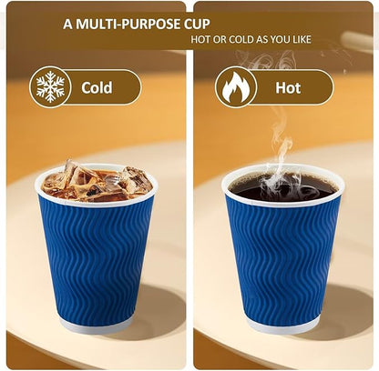 100 Pack Coffee Cups with Lids 12oz, Disposable Insulated Ripple Wall To Go Paper Coffee Cups for Hot/Cold Drinks Office Home Shop Event (Navy)