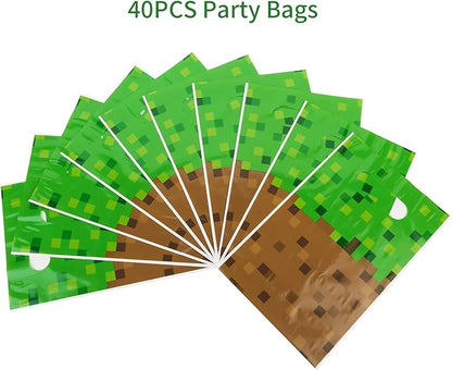 ADARRO 50PCS Pixel Birthday Party Favor Bags, Green and Brown Pixel Video Game Theme Party Goodies Candy Snack Treat Bags