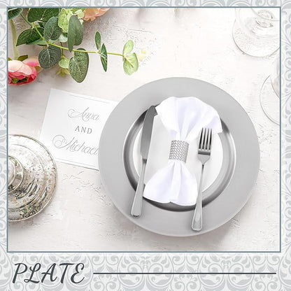Tanlade 100 Pcs Charger Plates Set Bulk Include 50 Plastic Plate Chargers and 50 Napkin Rings 13" Round for Dinner Table Setting Wedding Baby Shower Decoration(Silver)