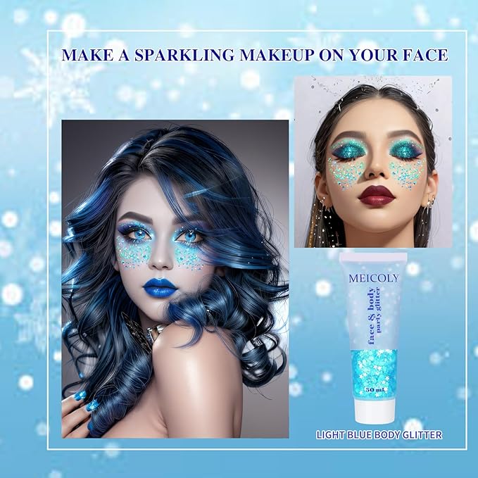 MEICOLY Light Blue Body Glitter,Mermaid Princess Face Glitter Gel,Ice Blue Glitter Face Paint for Halloween,Frozen Birthday Party Decorations,Chunky Glitter for Eye Lip Hair,Festival Rave Glitter Gel