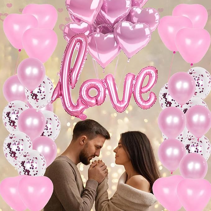 128 PCS Valentine's Day Balloon Garland Arch Kit Hot Pink Love Heart Latex Metallic Confetti Balloons for Princess Theme Bridal Wedding Valentine's Day Party Background Decorations