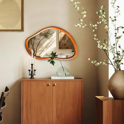 Irregular Wall Mirror with Wood Frame, 35" x 24" Orange Asymmetrical Mirror, Decorative Mirrors for Bedroom Living Room Entryway Hallway Cloakroom, Shatterproof, Horizontal/Vertical