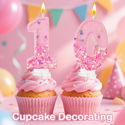 Pink Sequin Birthday Candles, Cake Number Candles, Girls 0th Birthday Decorations, Suitable for Birthday Parties, Anniversary Party Decorations(10)